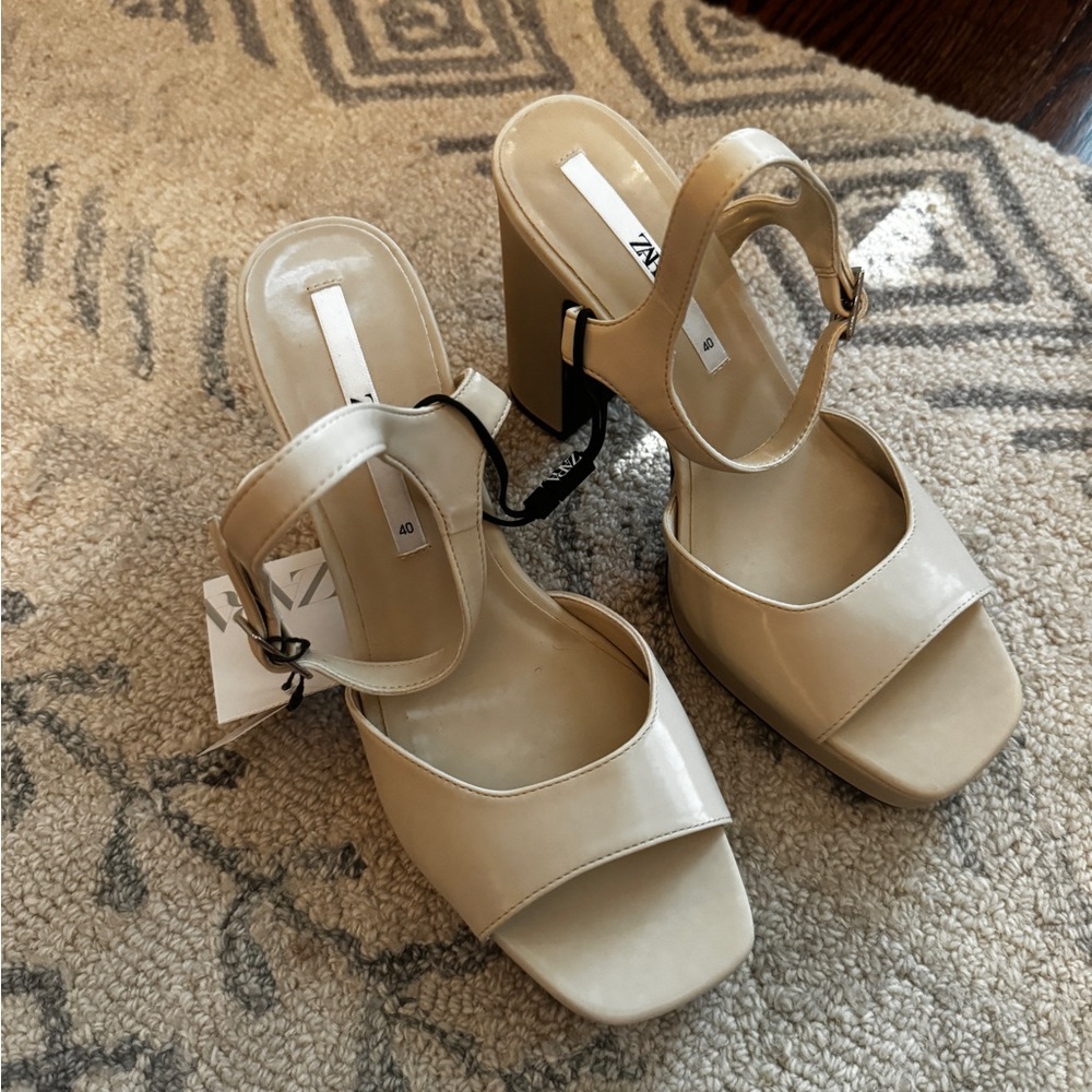 Zara Cream Platform Shoes with Block Heel and Ankle Strap